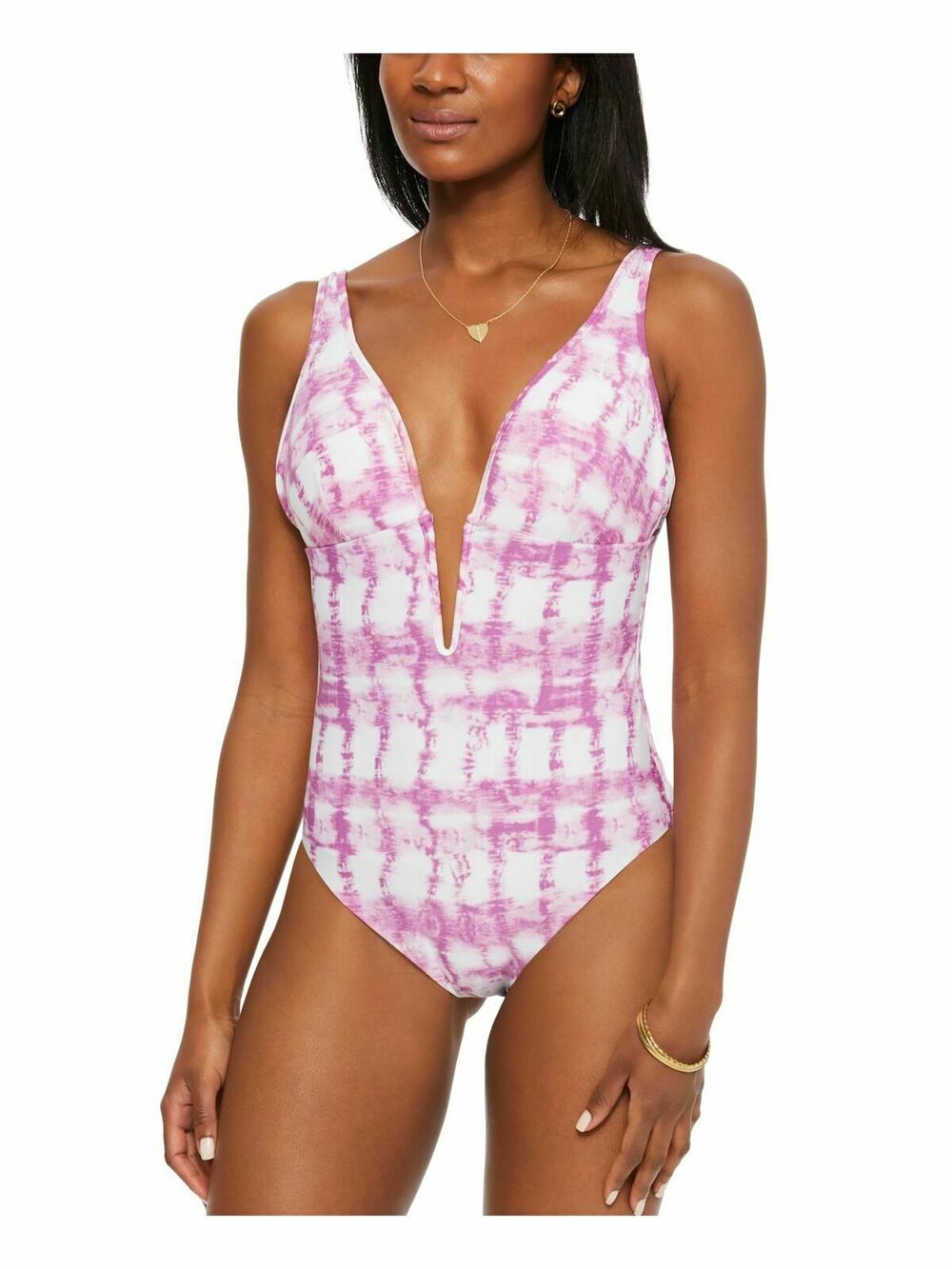 BAR III Purple Plunging V-Neck Open Back V-Wire One Piece Swimsuit S Tie Dye